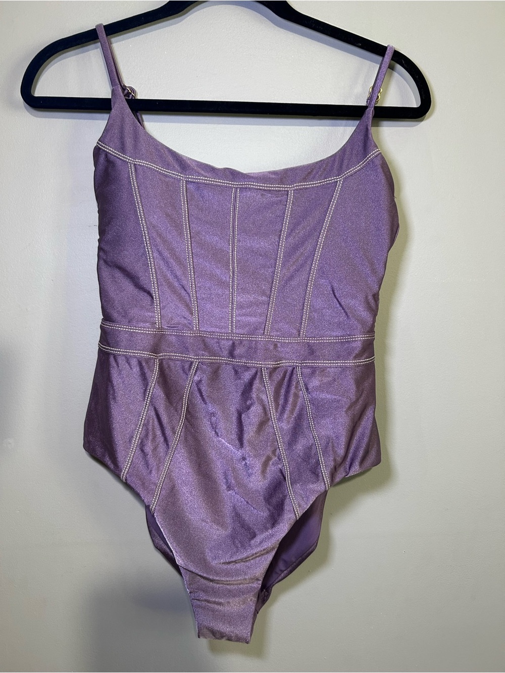 BECCA Purple One Piece Swimsuit L Corset Stitch Cutout Shimmer Swimwear